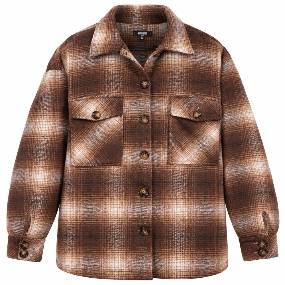 Missguided Shacket Oversized Plaid Polyester 12 Brown Flannel Jacket